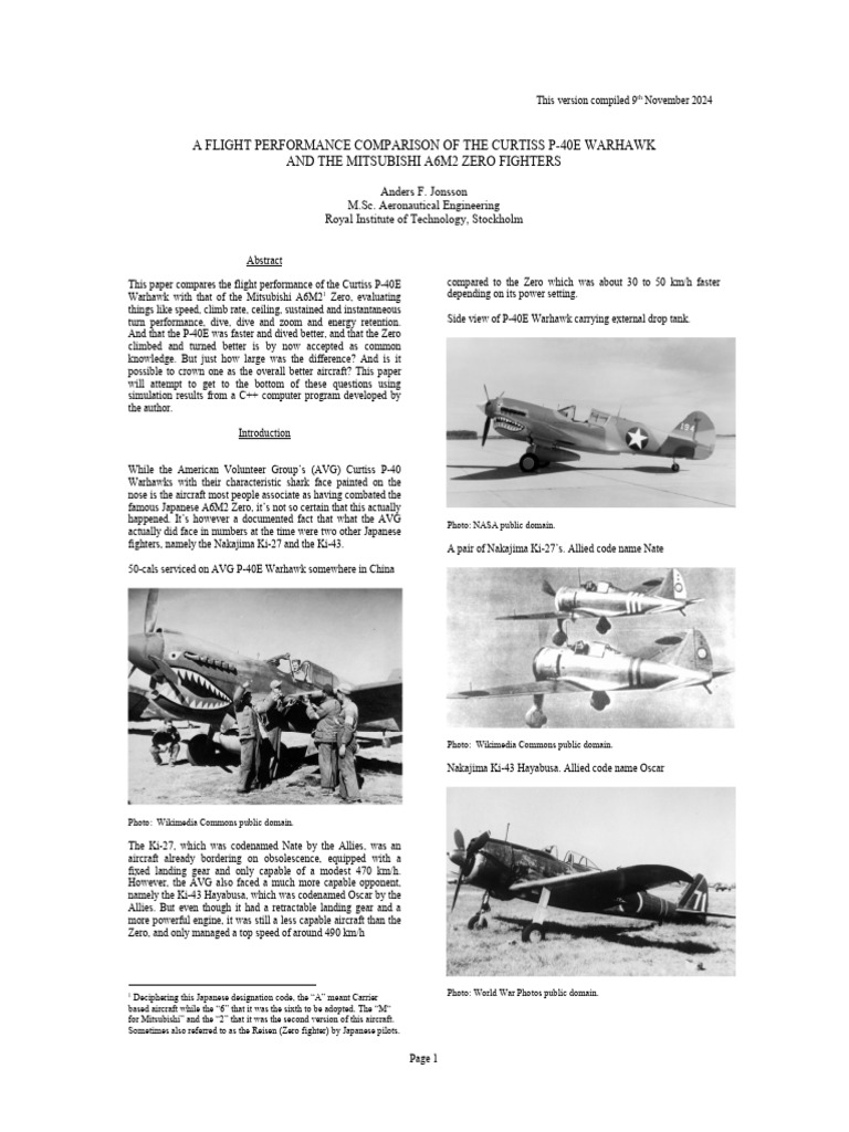 Paper On P40E Warhawk and A6M2 Zero Flight Performance PA44 | PDF | Flying  Tigers | Curtiss P 40 Warhawk