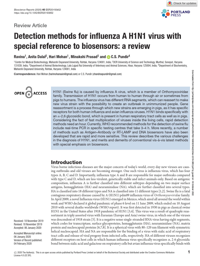 Detection Methods For Influenza A H1N1 Virus | PDF | Influenza A Virus ...