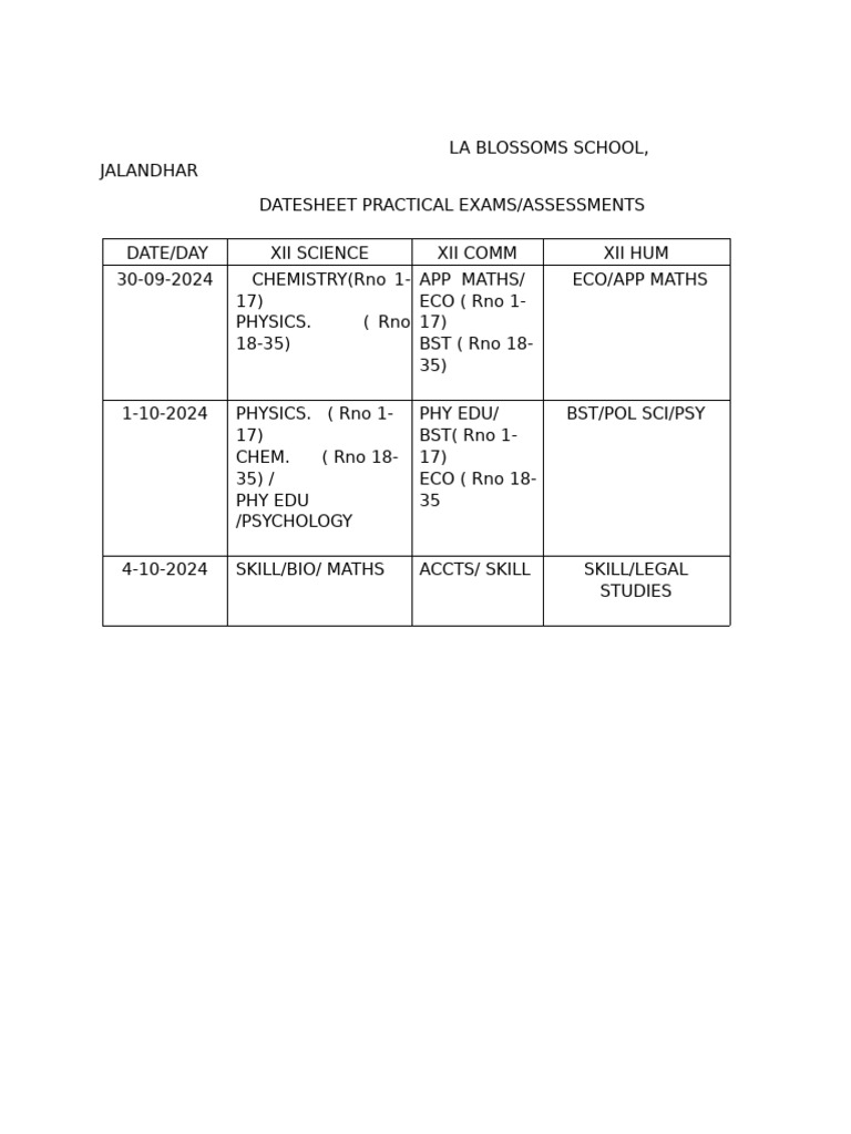 Practical Date Sheet | PDF