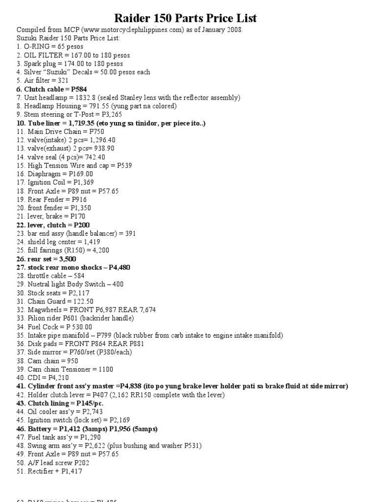 Raider 150 Parts Price PDF Vehicle Parts Automotive Industry