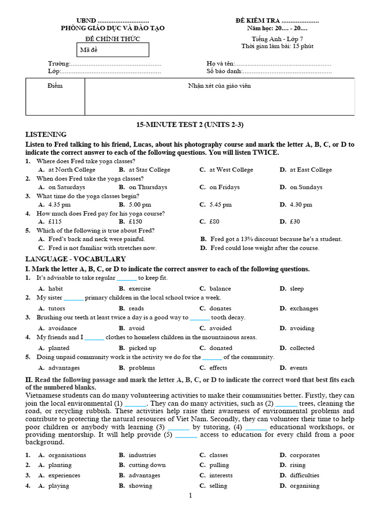 15-Minute English Test for Grade 7 | PDF