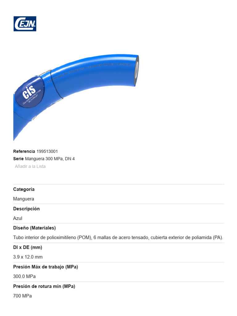 Manguera Hidráulica 300 MPa DN 4 CEJN | PDF