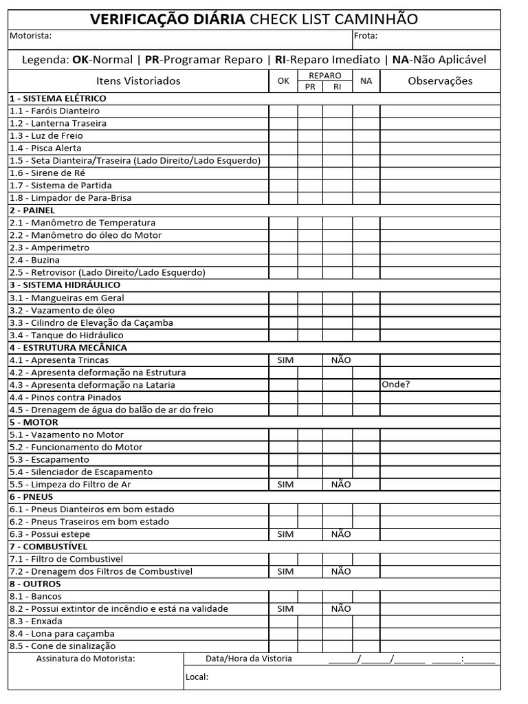 Checklist Diário de Vistoria de Caminhão | PDF