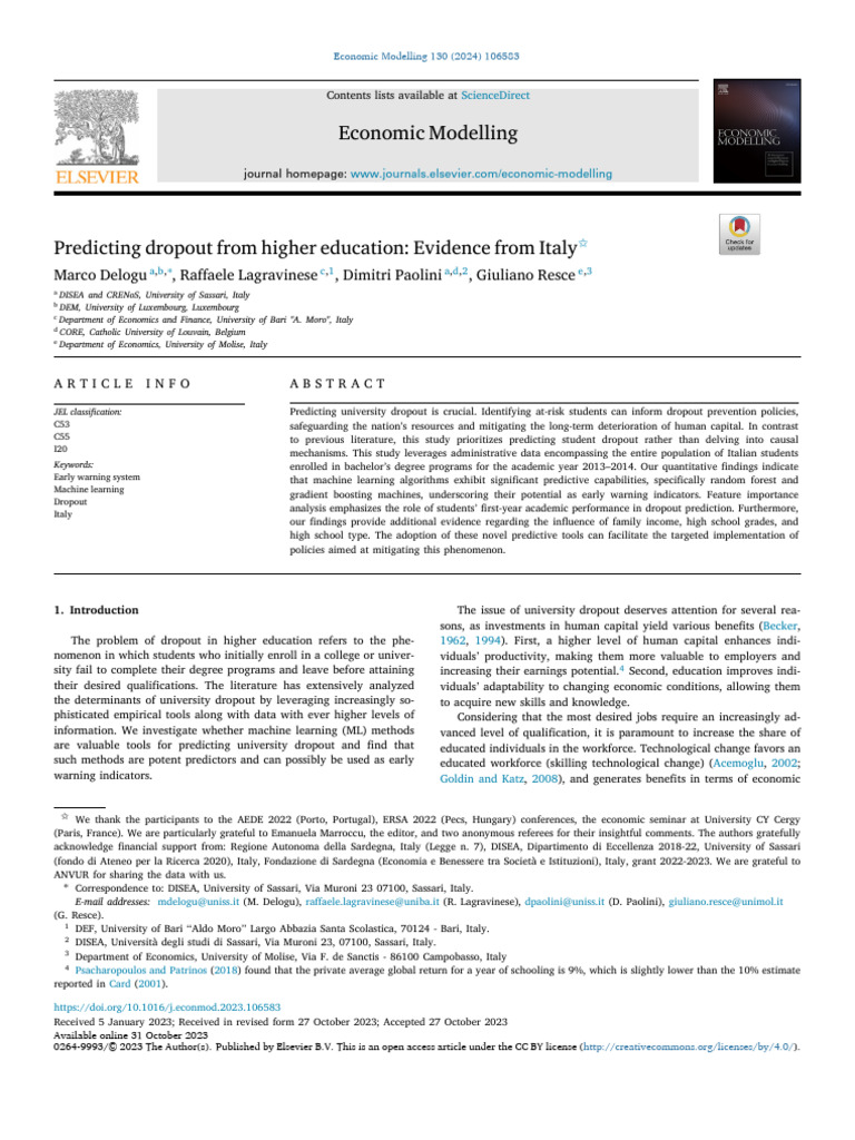 Predicting dropout from higher education Evidence from Italy | PDF ...