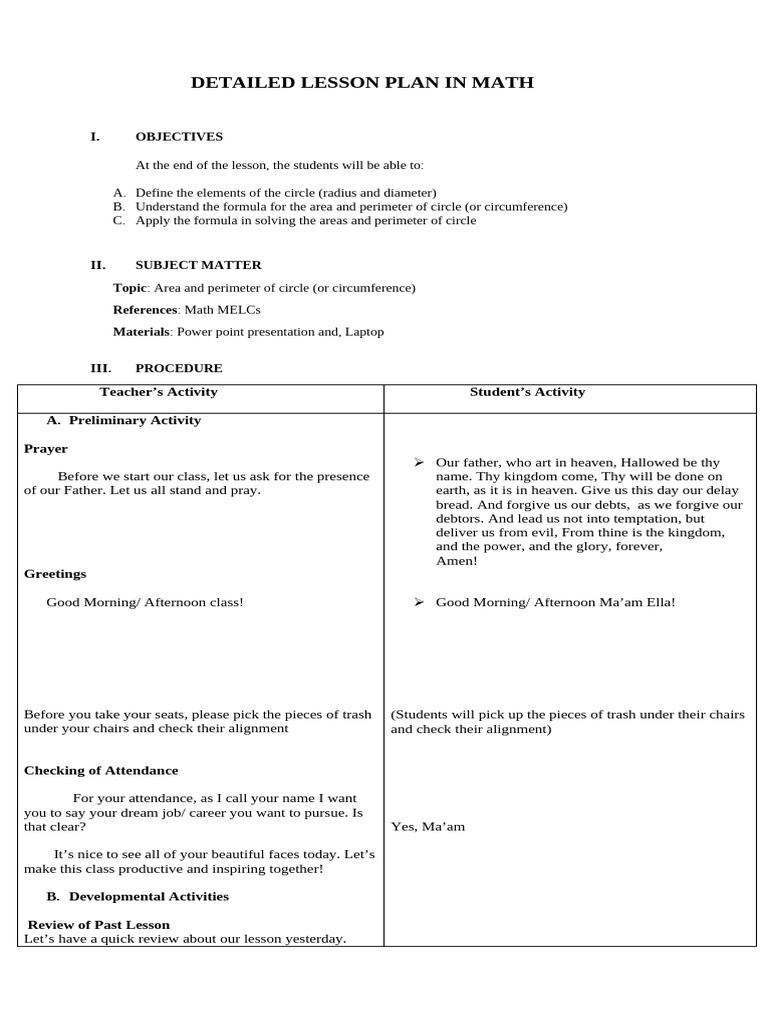 Ella Detailed Lesson Plan in Math | PDF | Area | Lord's Prayer