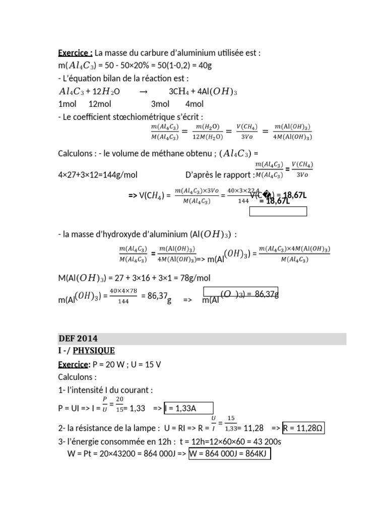 Calculs de chimie et physique : Exemples pratiques | PDF