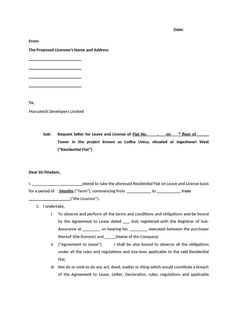 Tenant (Licensee) Request Letter | PDF | License | Lease