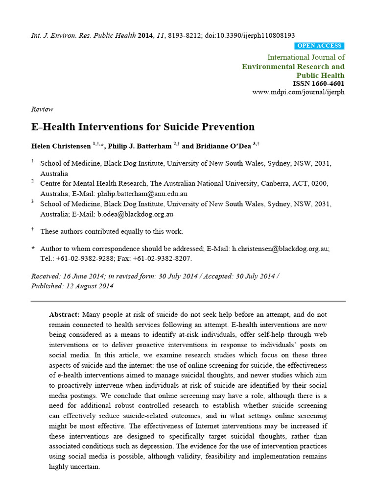 2014 E-Health Interventions For Suicide Prevention | PDF | Self Harm ...