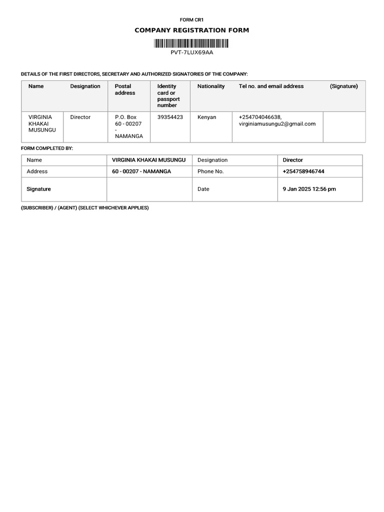 Company Registration Form CR1 Kenya | PDF