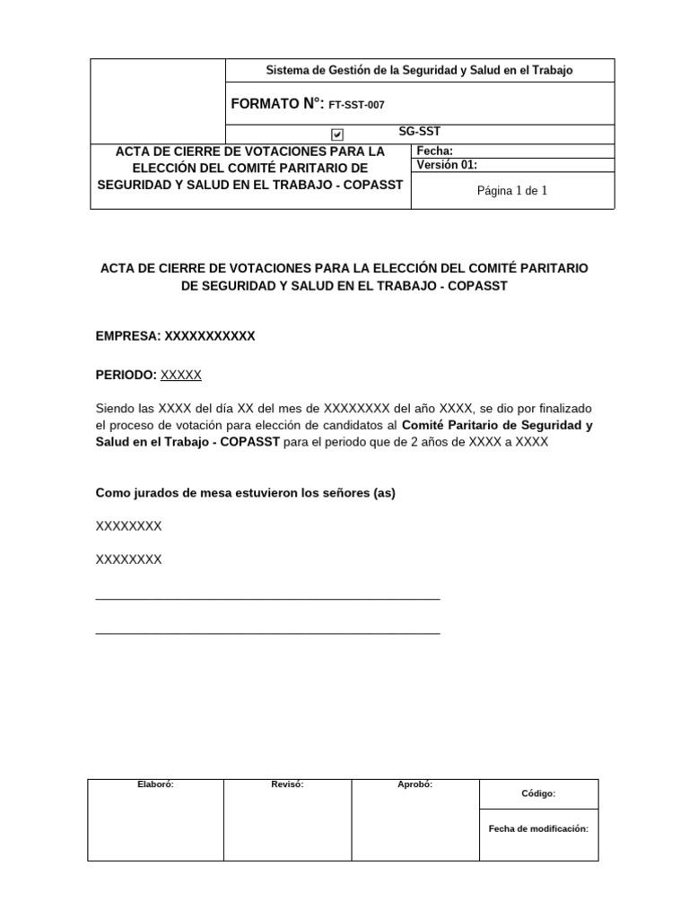 FT SST 007 Formato de Cierre de Las Votaciones Eleccion Del COPASST | PDF