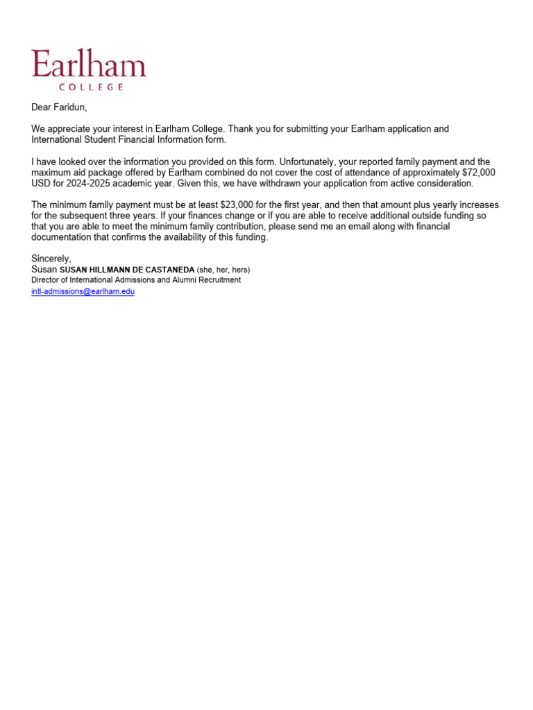 Earlham College Application Withdrawal Notice | PDF