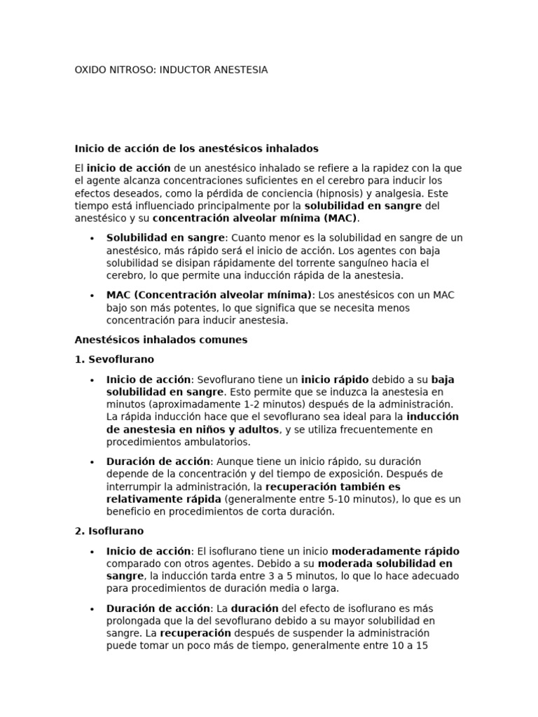 Óxido Nitroso en Anestesia Inhalada | PDF | Anestesia | Medicina CLINICA