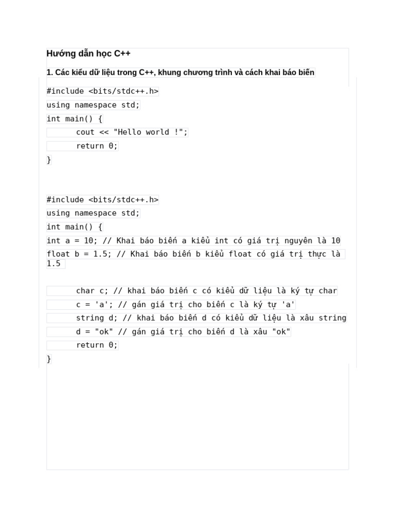 Hướng dẫn học C++: 1. Các kiểu dữ liệu trong C++, khung chương trình và ...