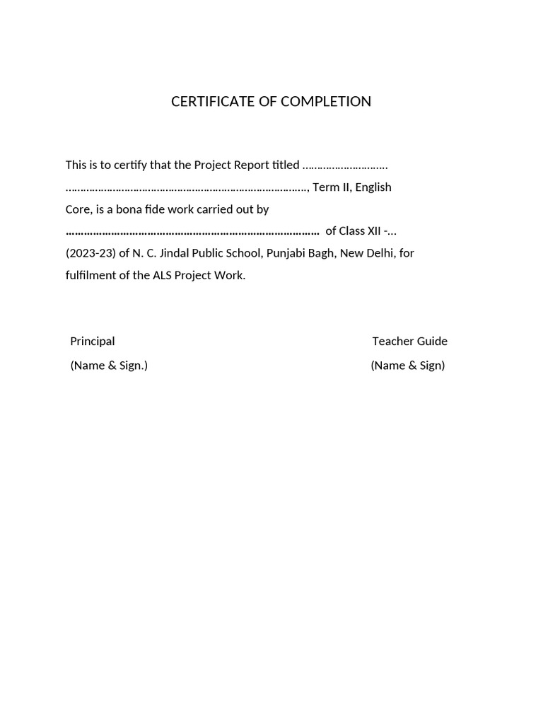 Class 12 Project Completion Certificate | PDF