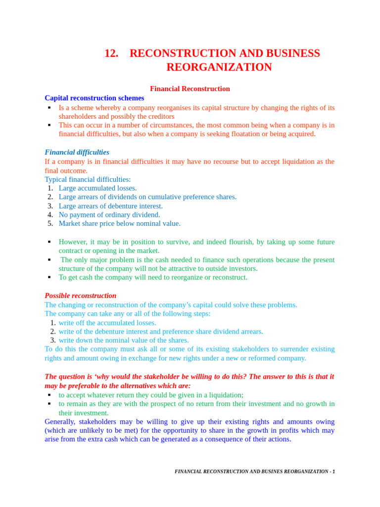 Financial Reconstruction and Business Reorganization | PDF | Share ...