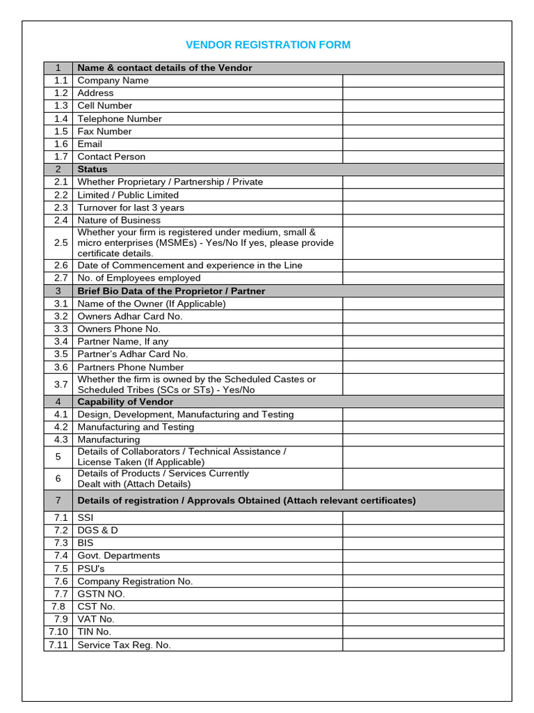 Vendor Registration Form Template | PDF