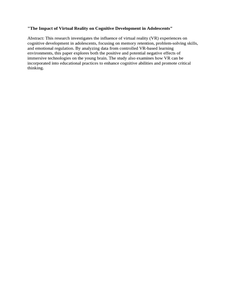 The Impact of Virtual Reality On Cognitive Development in Adolescents | PDF