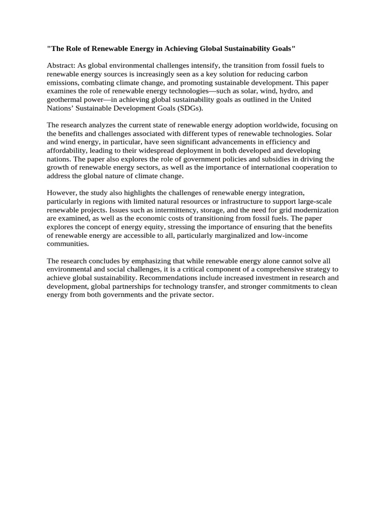 The Role of Renewable Energy in Achieving Global Sustainability Goals | PDF