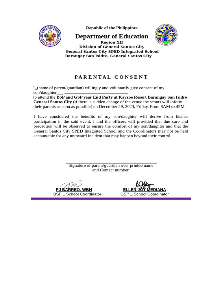 Parental Consent for Year-End Party | PDF