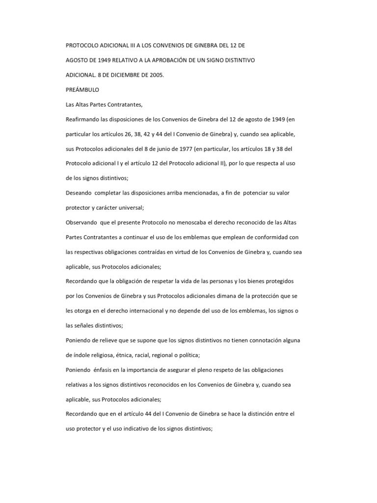 Protocolo Adicional III A Los Convenios de Ginebra Del 12 de PDF