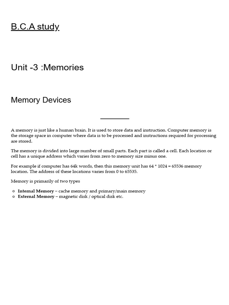 Unit - 3 - Memories - B.C.A Study | PDF | Computer Data Storage ...