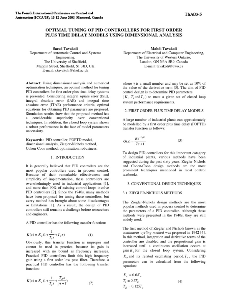 Optimal PID Tuning for FOPTD Systems | PDF | Control Theory | Systems ...
