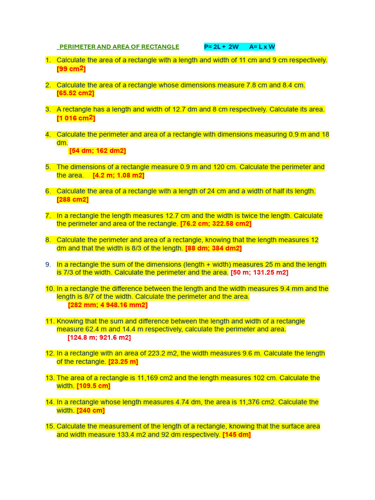 Rectangle Area and Perimeter Calculations | PDF | Area | Length