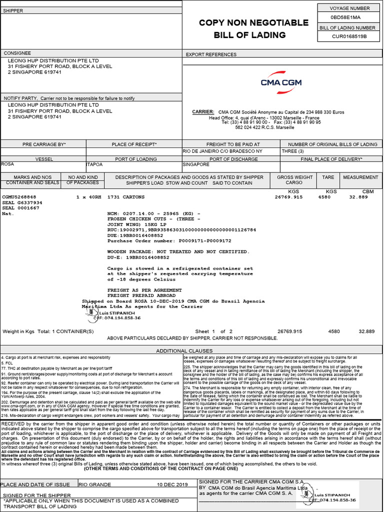 Frozen Chicken Cuts Bill of Lading | PDF | Bill Of Lading | Cargo