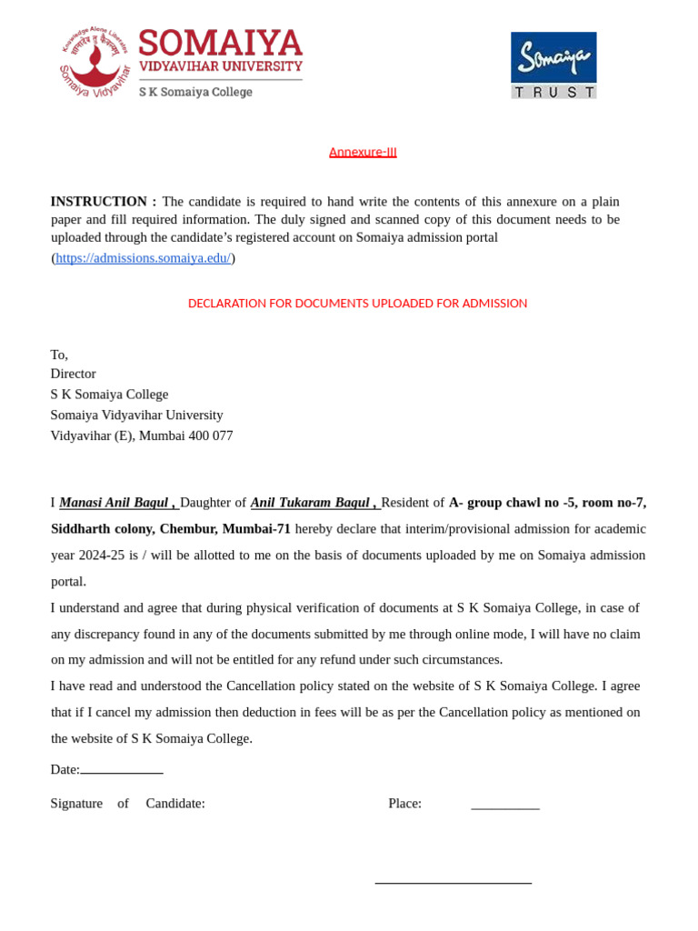 Admission Document Declaration Form | PDF