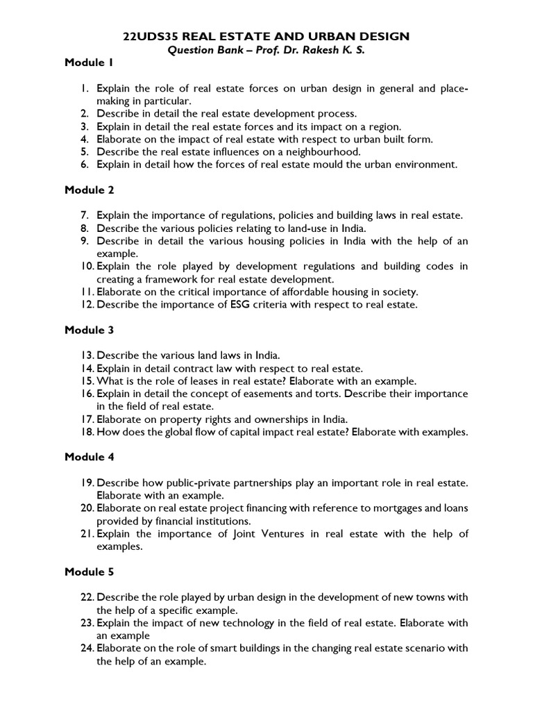 22UDS35 - Real Estate and Urban Design - Question Bank | PDF