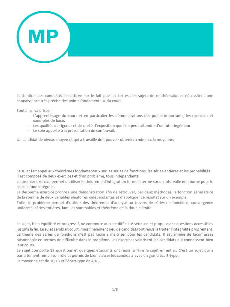 Rapport Épreuve Maths 1 2019 INP | PDF | Série entière | Intégral