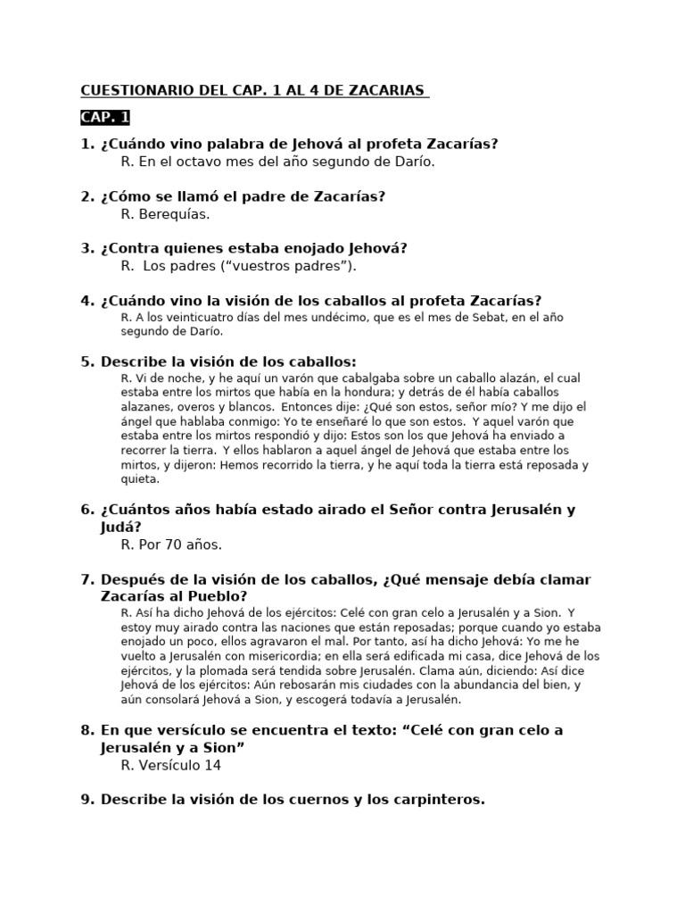 Cuestionario Del Cap 1 Al 4 de Zacarias | PDF | Libro de Zacarías |  Jerusalén, image size:768x1024