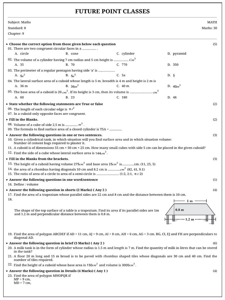 Grade 8 Maths Test Paper | PDF | Area | Volume