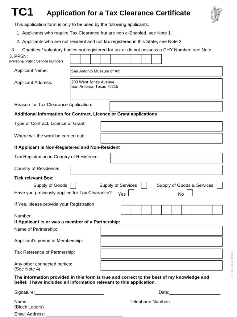 TC1 Tax Clearance Application Form | PDF | Taxes | Charitable Organization
