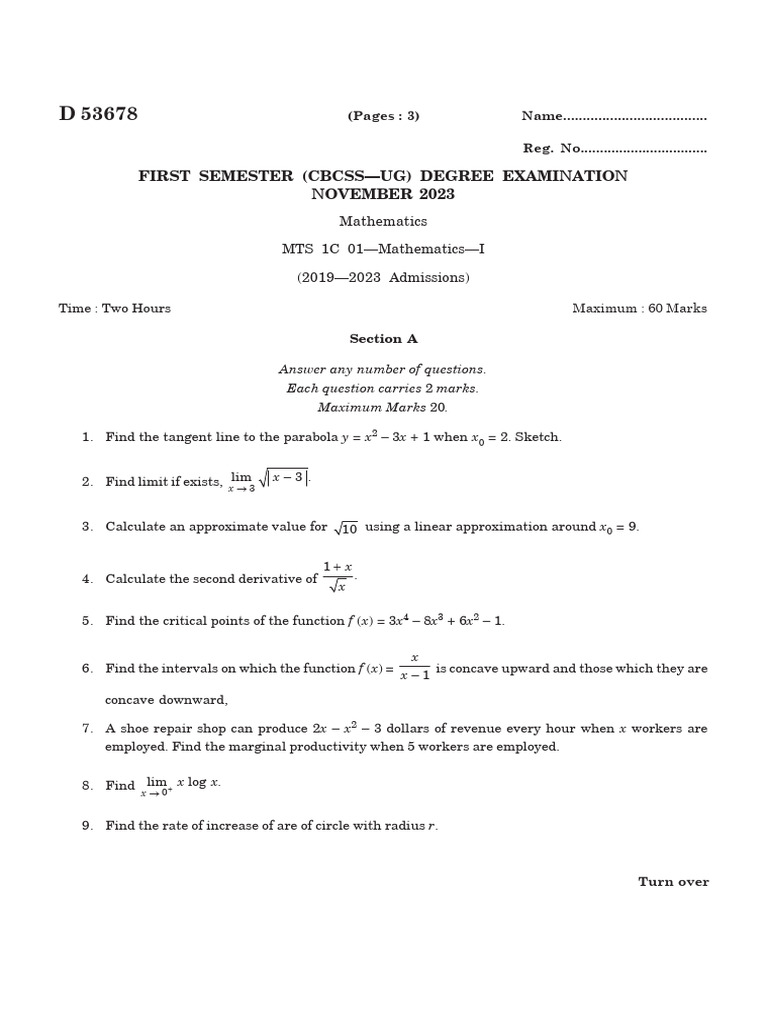 Mathematics Exam Questions November 2023 | PDF | Mathematics | Area