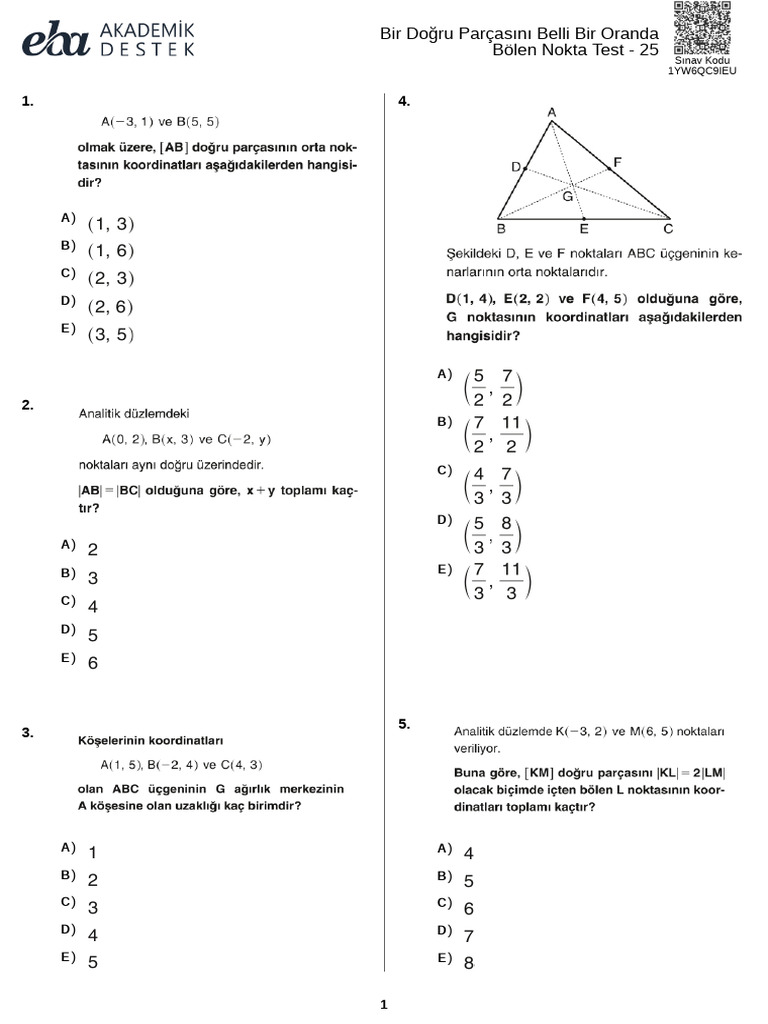 Bir Doğru Parçasını Belli Bir Oranda Bölen Nokta Test 25 | PDF