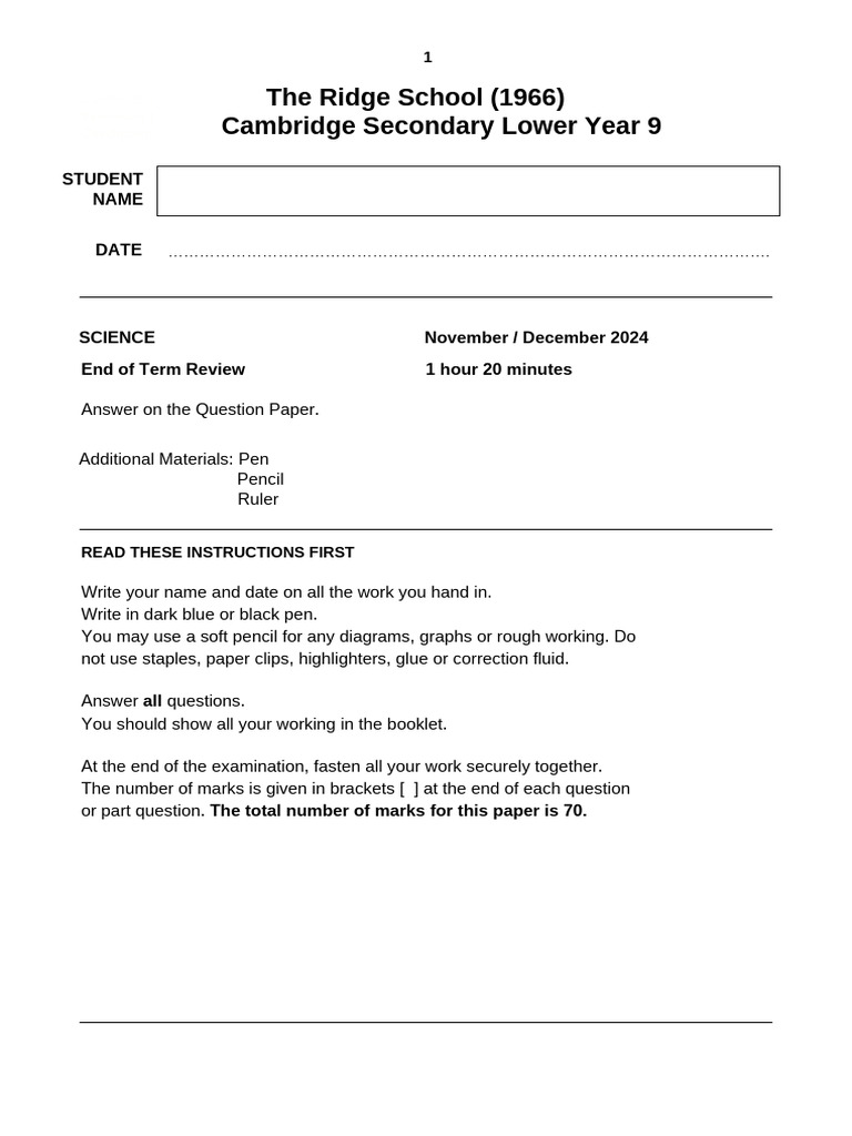 Year 9 Science Exam Review Paper | PDF