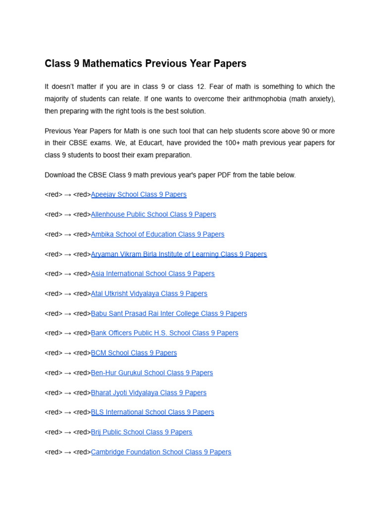 Class 9 Math Previous Year Papers PDF | PDF | Multiple Choice | Data ...