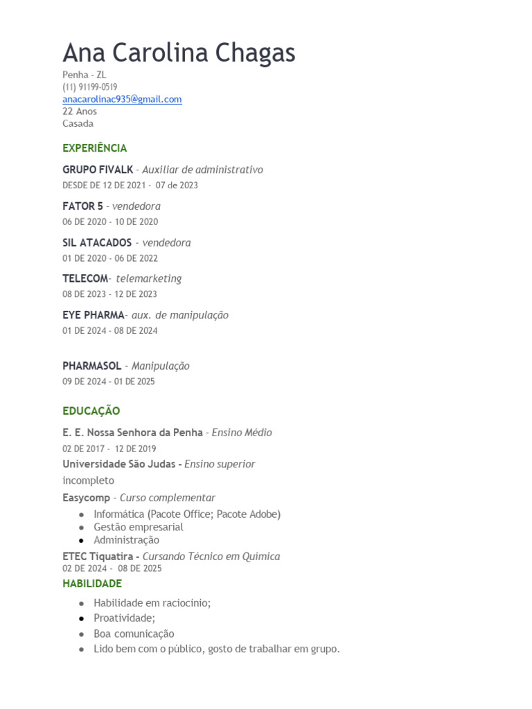 Currículo de Ana Carolina Chagas | PDF