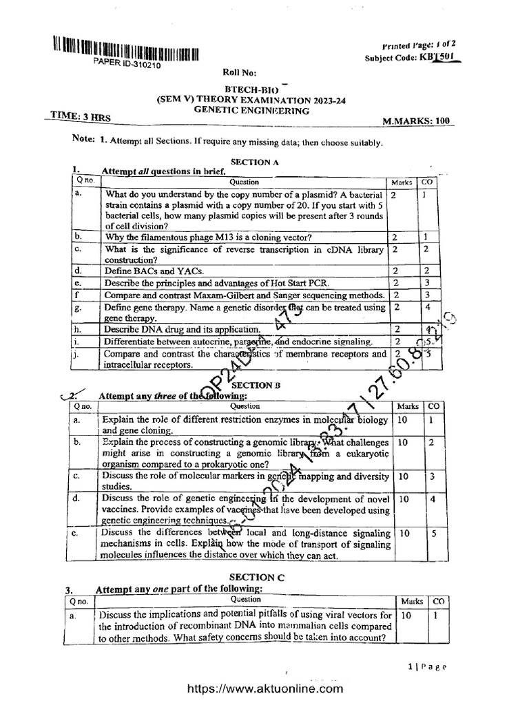 Btech BT 5 Sem Genetic Engineering Kbt501 Jan 2024 | PDF