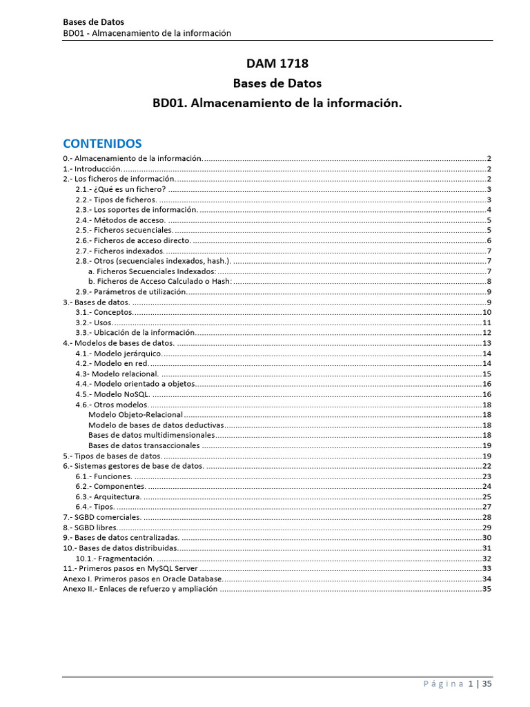 DAM BASE de DATOS TEMA 1 Almacenamiento de La Información | PDF ...