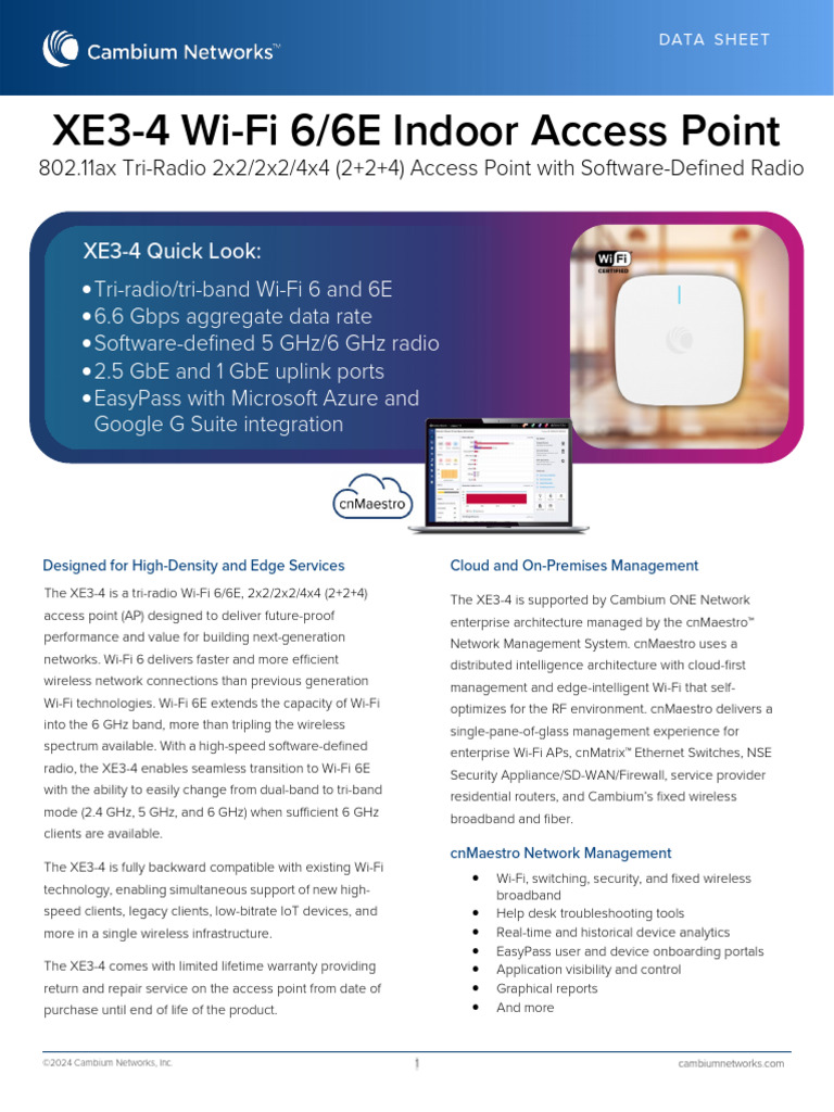 XE3-4 Wi-Fi 6 Indoor AP Datasheet | PDF | Wi Fi | Computer Network