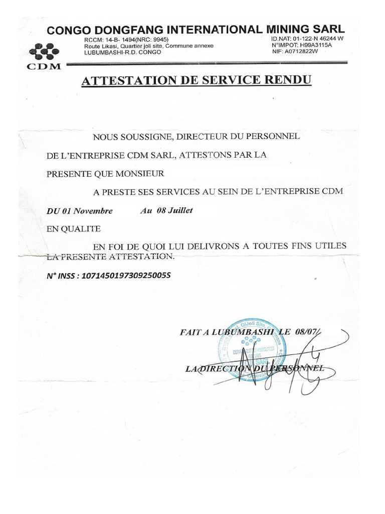 Attestation de Service Rendu Congo Dongfang International Mining Sarl | PDF