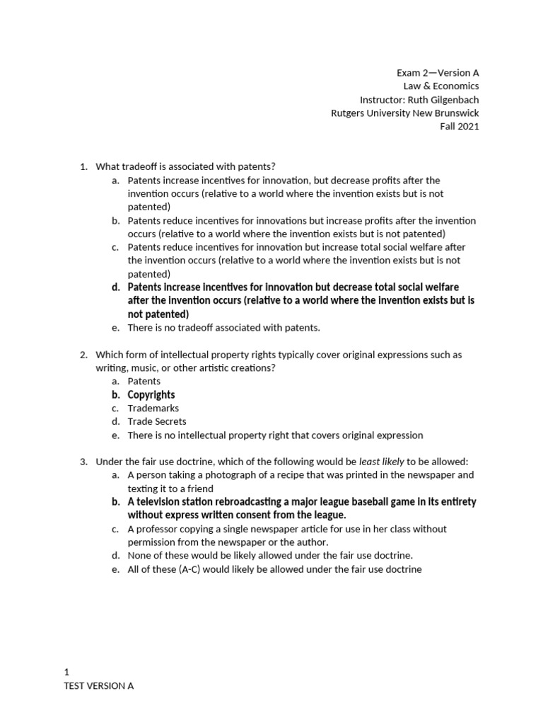 Exam+2+Fall+2021+Version+A+Key | PDF | Damages | Private Law