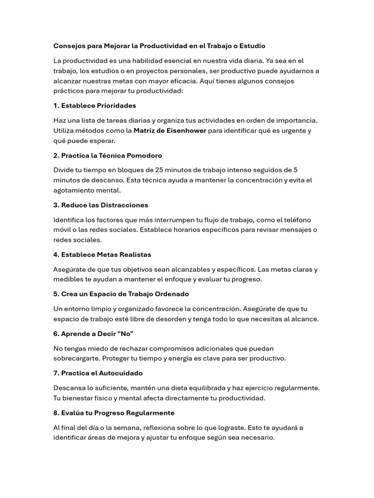 Consejos para Mejorar La Productividad en El Trabajoy El Estudio | PDF