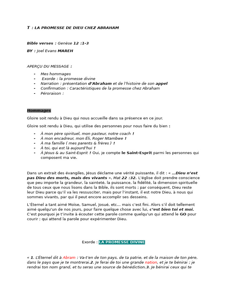 La Promesse de Dieu (Abraham) 2 | PDF | Abraham | Dieu