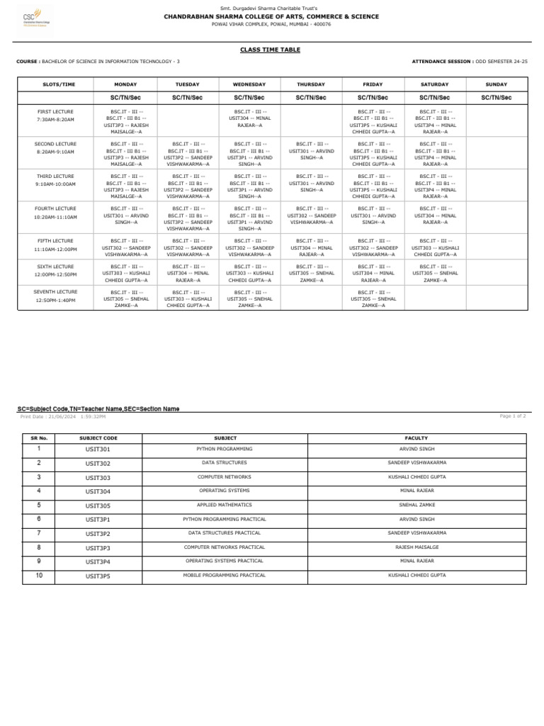 Class Time Table Syit Pdf