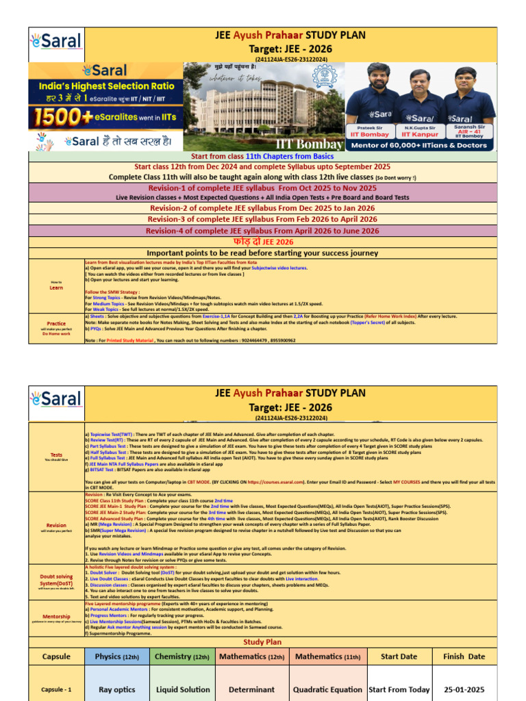 JEE 2026 Study Plan: Ayush Prahaar | PDF | Mentorship