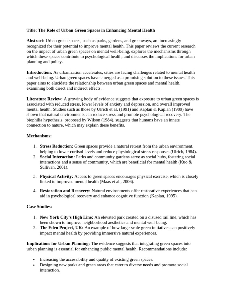 View of The Role of Urban Green Spaces in Enhancing Mental Health | PDF ...