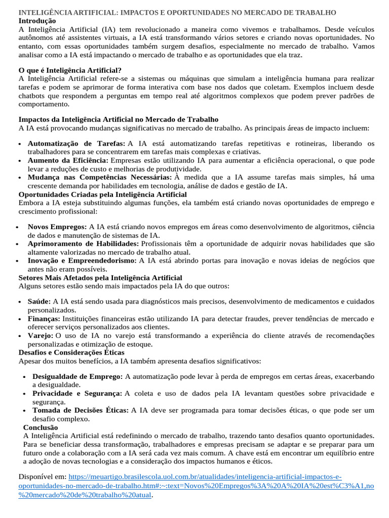 Impactos da IA no Mercado de Trabalho | PDF | Inteligência artificial ...